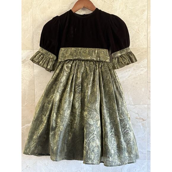 VTG Dimples Girls Holiday Dress 8 - Black Velvet, Gold Brocade Christmas Formal - Picture 3 of 12
